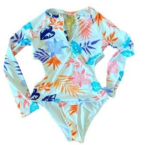 Op Rash guard Palm Springs Swim - L white floral , cutout sides poly spandex